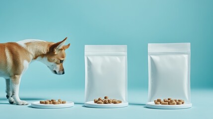 Fototapeta premium Chihuahua sniffs treats on round stands beside bags