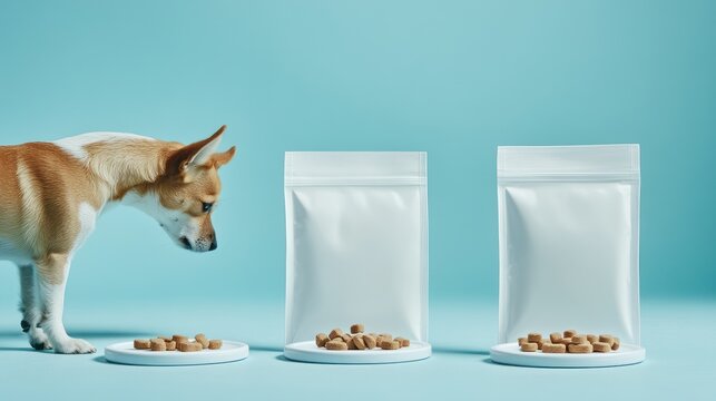Chihuahua sniffs treats on round stands beside bags