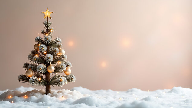 A serene winter scene unfolds with a chic tree decorated in gold and sparkles against a soft pastel backdrop awaits your message or advertisement._00001_