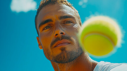 A tennis player concentrates on an incoming bright yellow ball, showcasing determination and skill under a clear blue sky on a sunny day
