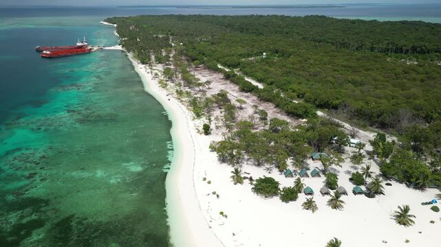 An aerial view of Starfish Island in Balabac, Philippines, showcasing lush greenery, a sandy coastline, turquoise waters