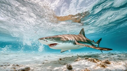 Fototapeta premium Majestic Underwater Encounter with a Shark Swimming Gracefully in Crystal Clear Ocean Waters Over Sandy Seabed, Highlighting Marine Life and Nature's Beauty