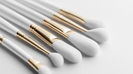 Fototapeta premium Elegant White Gold Makeup Brushes Closeup Beauty Tools Cosmetic Accessories