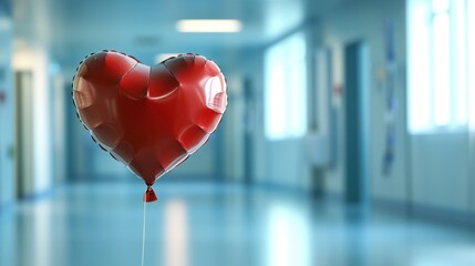 A 3D heart-shaped balloon used in a hospital setting, representing heart health awareness or celebrating a heart surgery success.