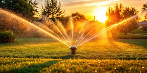 Obraz premium Automatic sprinkler system watering the lawn at sunset , automatic, sprinkler system, watering, lawn, sunset