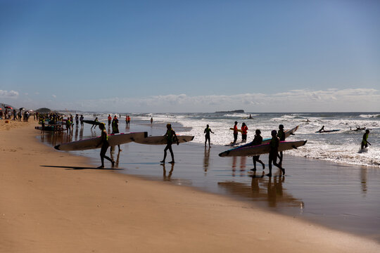surf lifesaving board race competitors in silhouette on a sunny day