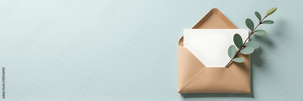 Poster a pastel grey background features a paper card enveloped in a eucalyptus sprig, set against a minima