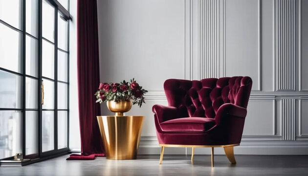 Bordo velver armchair in elegant interior.
