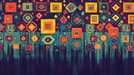 A pixelated rendition of a folk art-inspired border, with intricate patterns and vibrant hues transitioning into digital squares and shapes