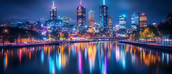 Obraz premium Stunning Night View of Melbourne Skyline with Illuminated Buildings Reflected on the Yarra River, Showcasing Urban Beauty and Vibrant City Life in Australia
