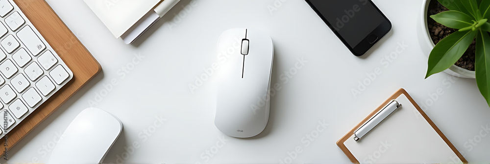 Poster A minimalist design featuring a wireless mouse surrounded by everyday office items on a clean light background perfect for promotional use._00001_