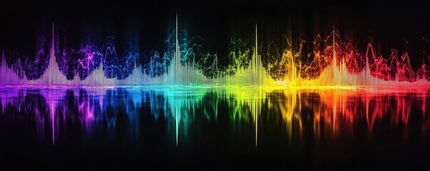 Obraz premium Colorful sound wave graphic with reflection on a black background.