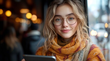A young woman with glasses smiles while using a tablet in a cozy café setting.