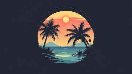Obraz premium A serene tropical landscape featuring palm trees, mountains, and a sunset over the ocean.