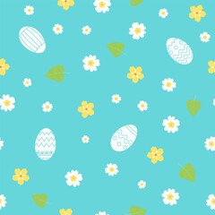 Easter eggs, flowers and leaves isolated on a blue background. Seamless pattern in flat style. Festive background for paper, gift wrap, textile, card, wallpaper.