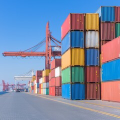 Fototapeta premium Colorful shipping containers stacked at a port under a clear blue sky.