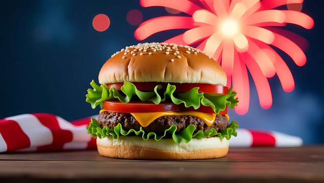 A juicy cheeseburger sits atop a patriotic display with an American flag and colorful fireworks exploding in the night sky._00001_