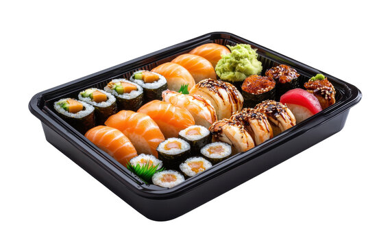 Assorted sushi platter with nigiri, rolls, and wasabi in black container