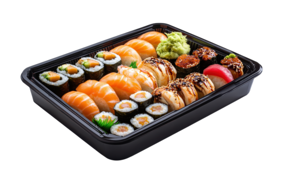 Assorted sushi platter with nigiri, rolls, and wasabi in black container