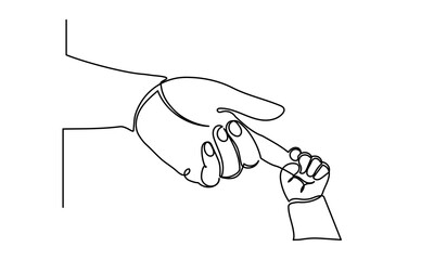Continuous line drawing of Close-up little hand of child baby holding hand of father, Baby holding mother's finger at home. The newborn baby has a firm grip on the parent's finger after birth. 