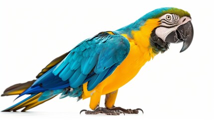 Obraz premium A majestic blue-and-yellow macaw, isolated on a white background, highlighting its bright and contrasting feather colors.