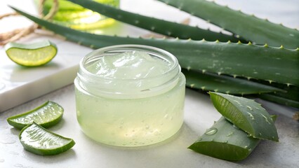 Aloe vera gel jar and fresh aloe leaves arranged neatly on a wooden surface