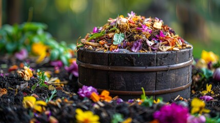 Compost bin filled with organic waste, flowers, and leaves.