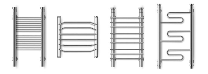 Towel dryers for bathroom interior design. Vector home accessories, heater for wet textile, silver or metallic radiators for clothes. Heating warm pipes for modern apartments and dwellings