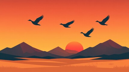 Ducks in Flight Over a Golden Sunrise Landscape