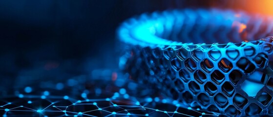 A futuristic, abstract image featuring a glowing, hexagonal pattern in blue tones, suggesting technology and innovation.