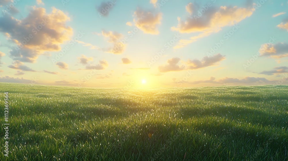 Poster serene landscape of lush green grass under a vibrant sunset with soft clouds in the sky creating a t