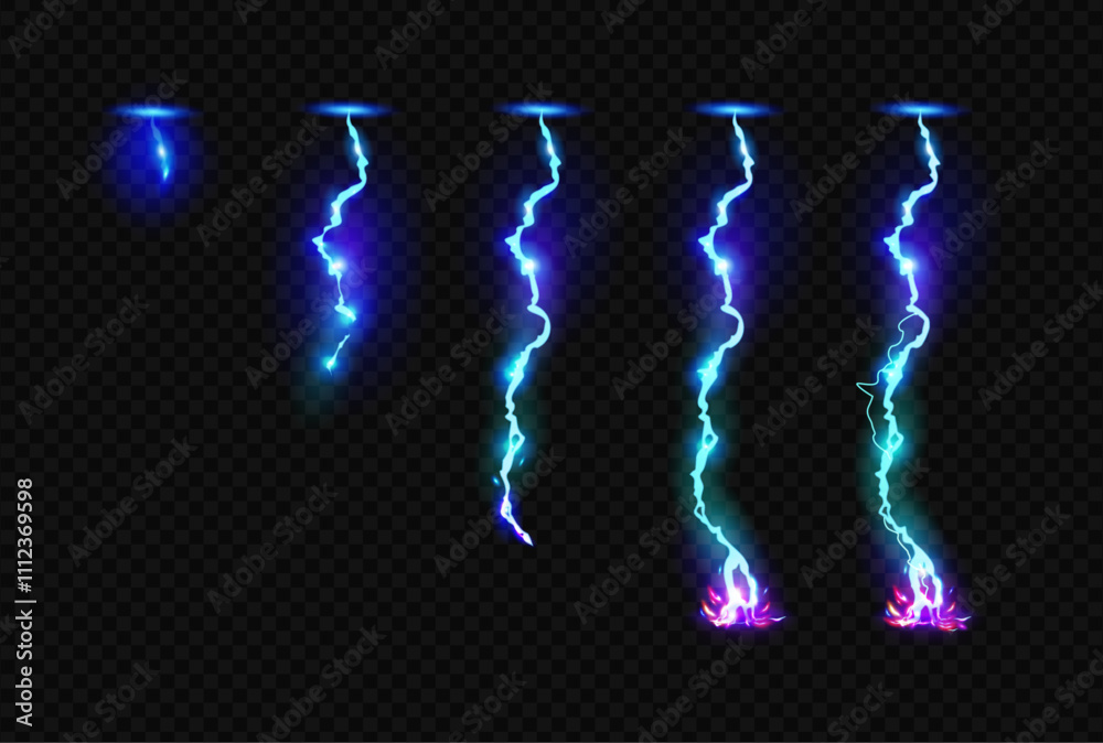 Poster neon thunderbolts animation. vector isolated set of realistic thunders and lightnings. powerful elec