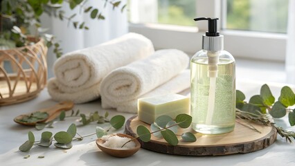 Bottles of dry skin body wash with towels and eucalyptus leaves