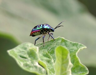 Colorful beetle on green leaf