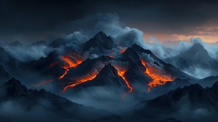 Stunning volcanic eruption with flowing lava and dramatic clouds at twilight.