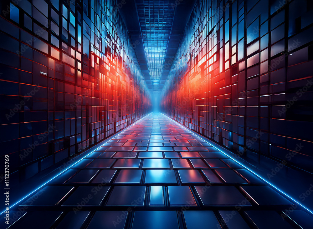Poster A futuristic corridor with glowing neon blue and red lights. Reflective tiles form the floor and walls of this digital tunnel, creating a sense of depth and endlessness.  The vibrant colors and sleek 