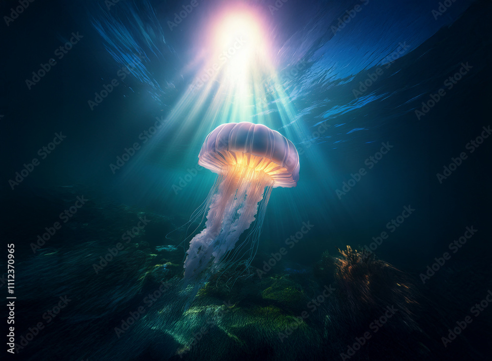 Poster A luminous jellyfish floats in a dark ocean, sunlight beams illuminating it from above.  The scene is serene and mysterious, showcasing underwater life.