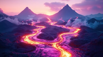 Spectacular volcanic landscape with flowing lava and majestic mountains at sunset.