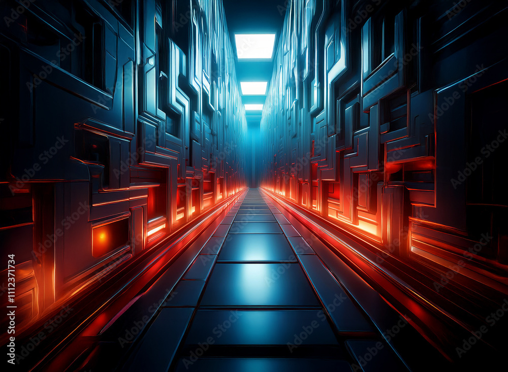 Poster A futuristic corridor with glowing orange and blue lines along the walls and floor.  The metallic walls feature a complex, repeating geometric pattern. The perspective creates a sense of depth and mys