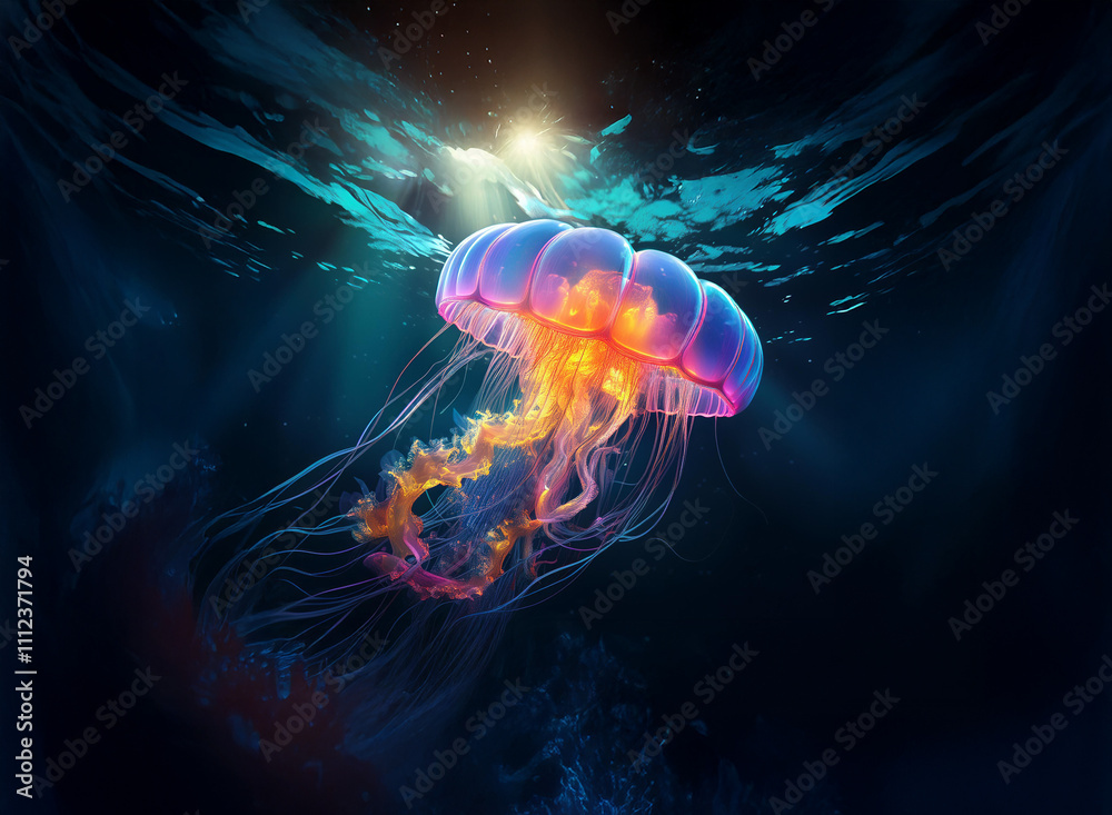 Poster a bioluminescent jellyfish gracefully floats in the deep ocean, illuminated by a sunlit surface abov