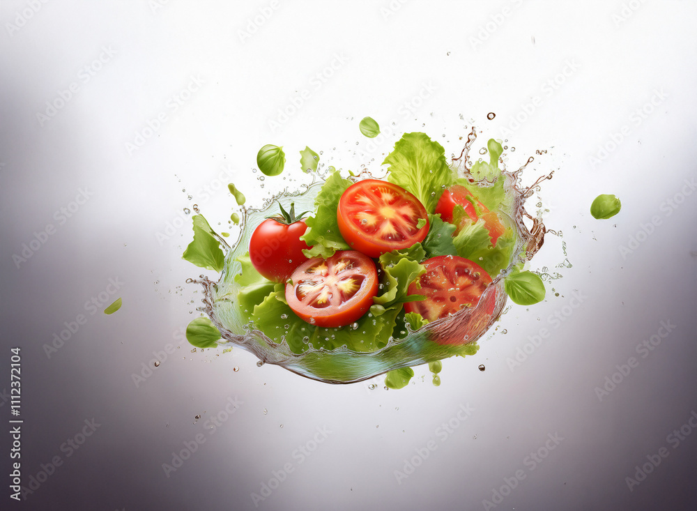 Poster Vibrant red tomatoes and crisp lettuce leaves suspended in a refreshing water splash, creating a dynamic and appetizing image of healthy ingredients.