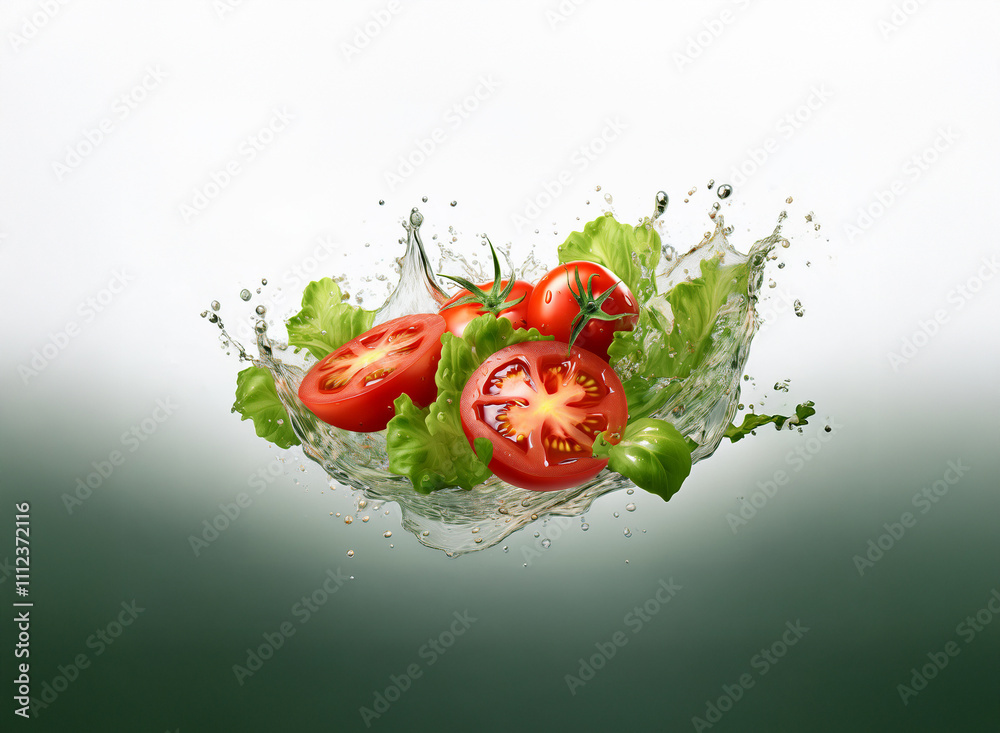 Poster Fresh, ripe tomatoes and lettuce in a vibrant splash of water, creating a dynamic and healthy image.  The scene is set against a soft white and green backdrop.