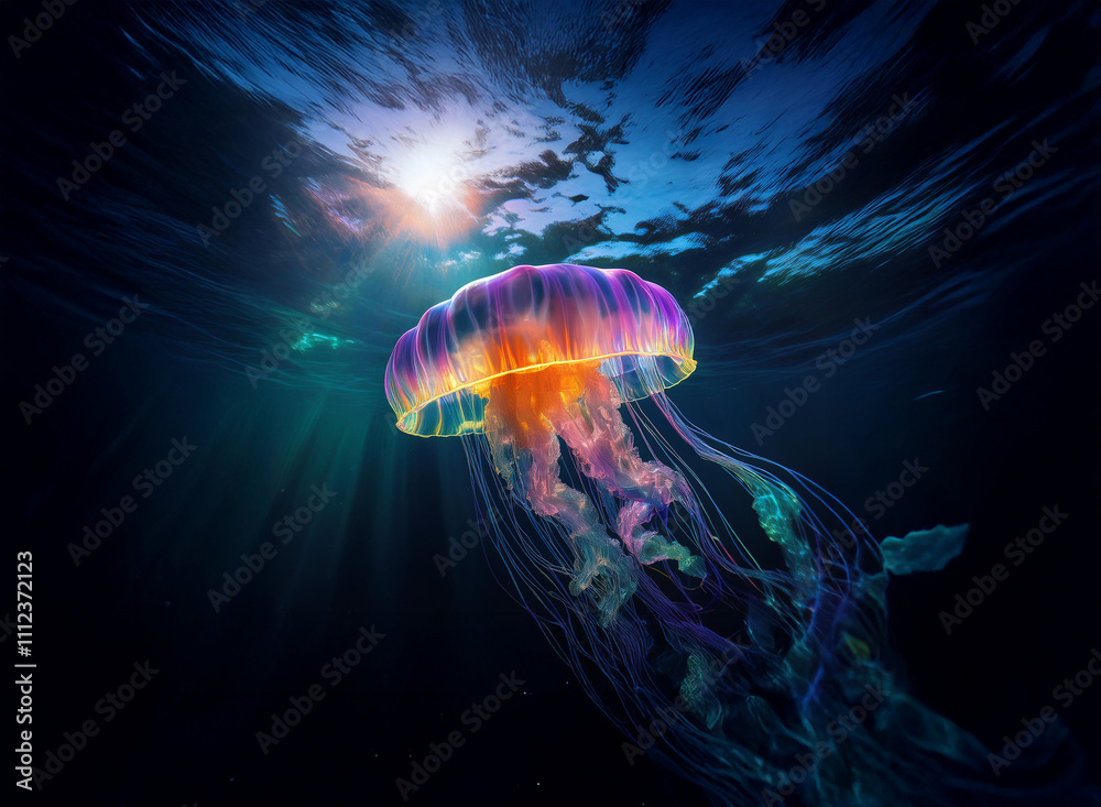 Poster A vibrant jellyfish, bioluminescent and majestic, floats in the deep ocean. Sunbeams pierce the water, illuminating its iridescent bell and trailing tentacles.  A captivating underwater scene.