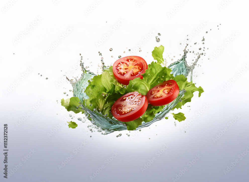 Poster fresh lettuce and tomato slices suspended in a vibrant water splash, creating a dynamic and healthy 