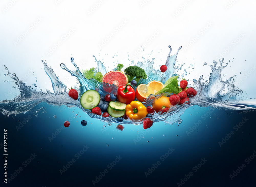 Aufkleber vibrant fruits and vegetables splash into clear water, creating a refreshing and healthy image. the 