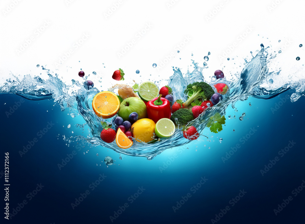 Aufkleber Vibrant fruits and vegetables splashing into clear blue water, creating a dynamic and refreshing image.  A healthy and colorful scene.