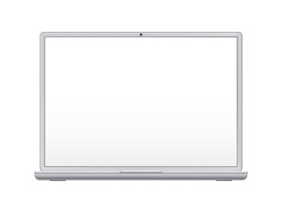 Blank screen of laptop with camera, realistic illustration. Isolated personal computer with empty monitor, mockup or advertisement copy space. Device and modern gadgets presentation