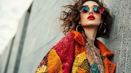 A woman modeling a bold, high-fashion outfit with unique textures and patterns, captured in an urban environment.