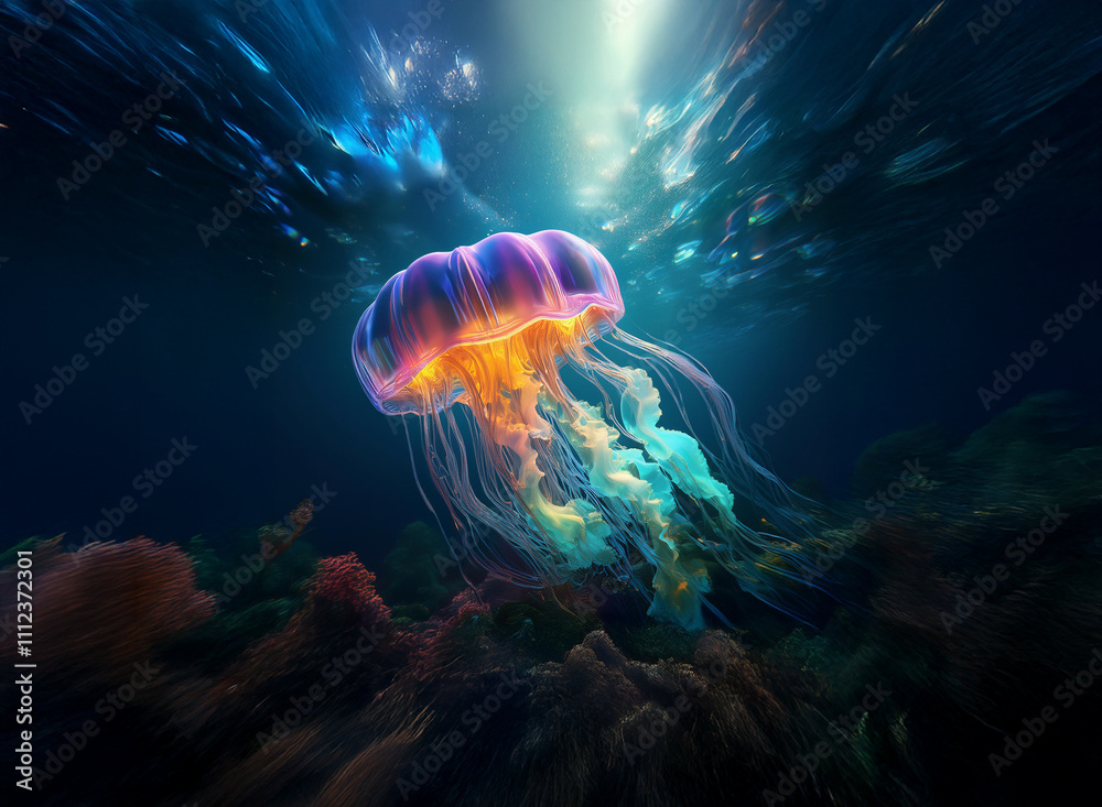 Poster A bioluminescent jellyfish gracefully floats in the deep ocean, its vibrant colors illuminating the dark seabed.  The water flows around it, creating ethereal streaks of light.