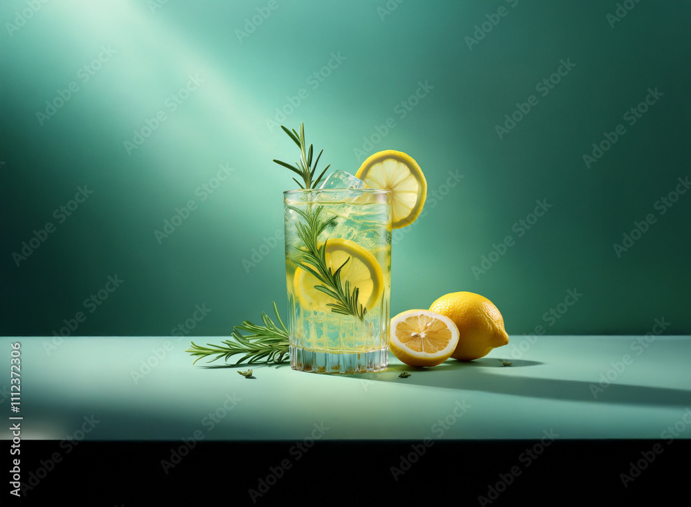 Poster refreshing rosemary lemonade in a glass with ice and lemon slices, garnished with sprigs of rosemary